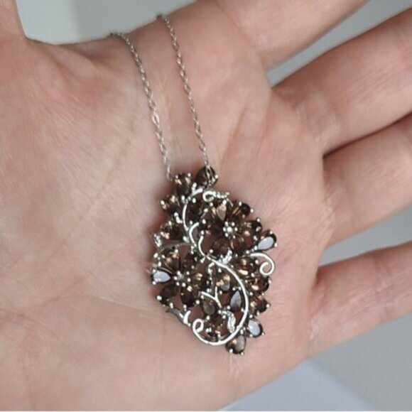 Vintage Sterling Silver Floral Filigree Smoky Quartz Crystal Pendant Necklace - Picture 9 of 16